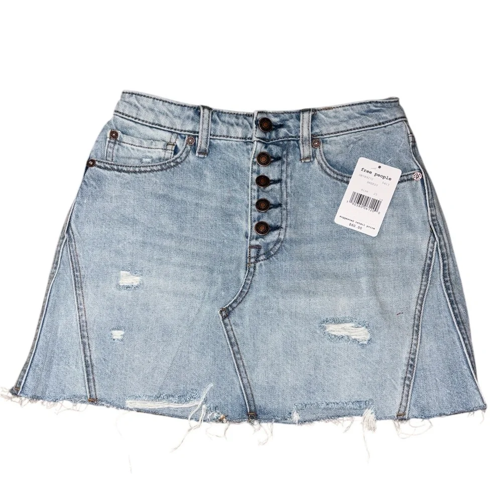 Free People Ripped Denim Mini Skirt in Breezy Blue  100% Cotton Sz. 25 Sz. 0